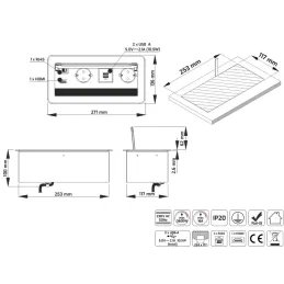 Ugradna preklopna utičnica 2 x 230 V + 2 x USB punjenje + HDMI + RJ45 / Nehrđajući čelik