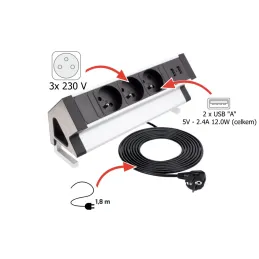 Interijer utičnica za stol DESK 3x230V + 2xUSB punjenje / Nehrđajući čelik