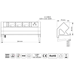 Interijer utičnica za stol DESK 3x230V + 2xUSB punjenje / Nehrđajući čelik