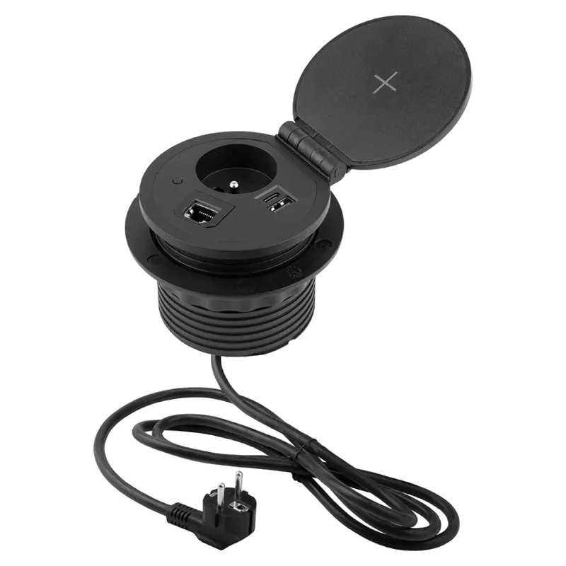 Interijerna utičnica s bežičnim punjenjem za stol 1x230V + 1xUSB punjenje A/C + HDMI + RJ45 / Crna