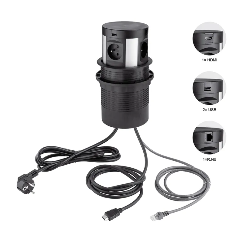 Izvlačiva utičnica s bežičnim punjenjem 4x230V + 2xUSB punjača A/C + HDMI+ RJ45 / Crna