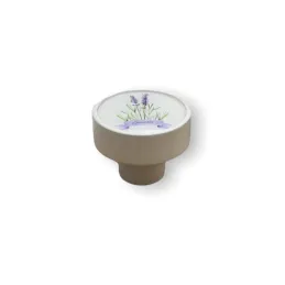 Drvena ručka knopka ARSIA / Bijela - motiv lavanda