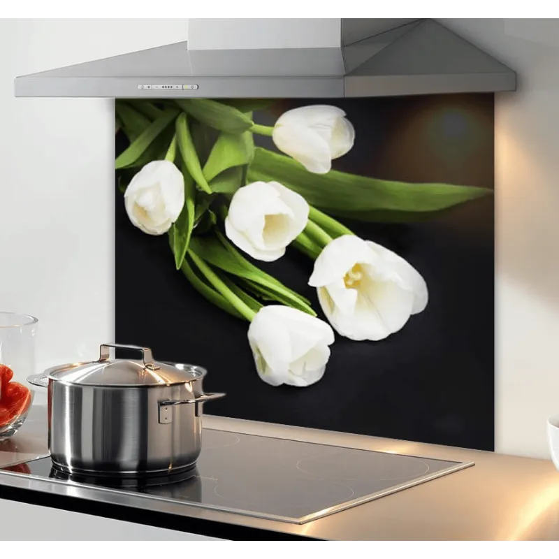 Staklena pregrada za kuhalo 600 mm / Bijeli tulipani