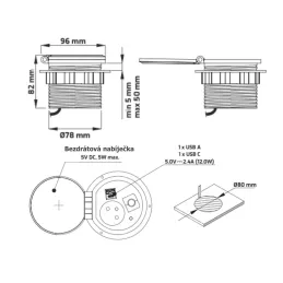 Unutarnja utičnica za stol LUPO 1x230V + USB A/C - Crna