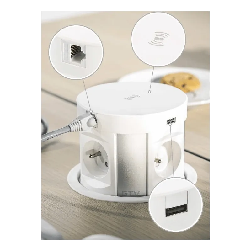 Izvlačna utičnica s bežičnim punjenjem 4x230V + 2xUSB punjenje A/C + RJ45 / Bijela