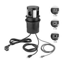 Izvlačiva SCHUKO utičnica s bežičnim punjenjem 4x230V + 2xUSB punjenja A/C + HDMI+ RJ45 / Crna