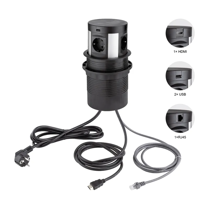 Izvlačiva SCHUKO utičnica s bežičnim punjenjem 4x230V + 2xUSB punjenja A/C + HDMI+ RJ45 / Crna