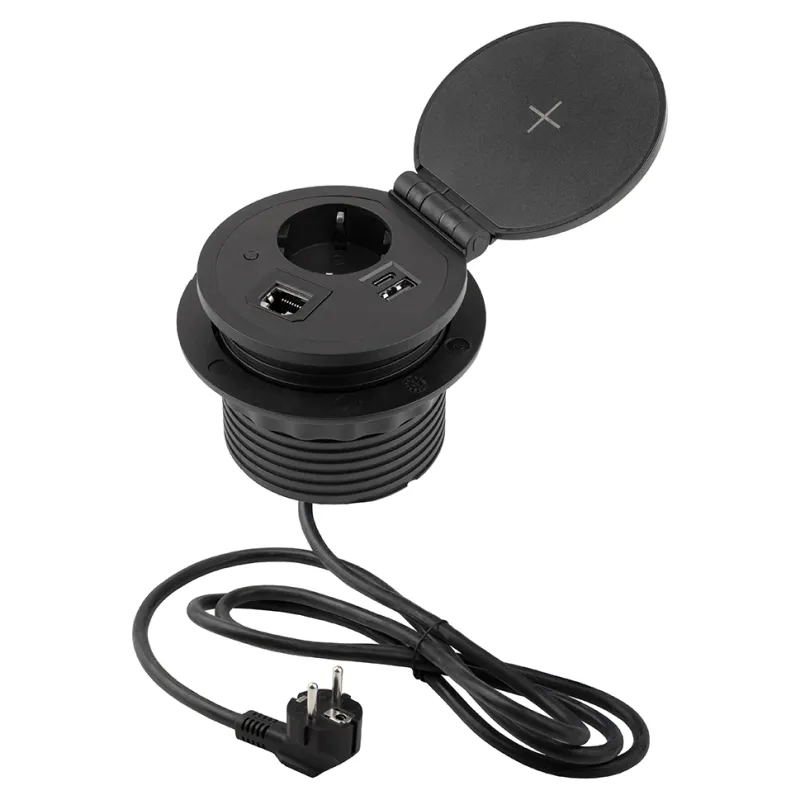 Interijer utičnica SCHUKO s bežičnim punjenjem za stol 1x230V + 1xUSB punjenje A/C + HDMI+ RJ45 / Crna