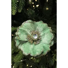 Ukrasni cvijet na kopči MAGNOLIA 140 mm / Zelena baršunasta