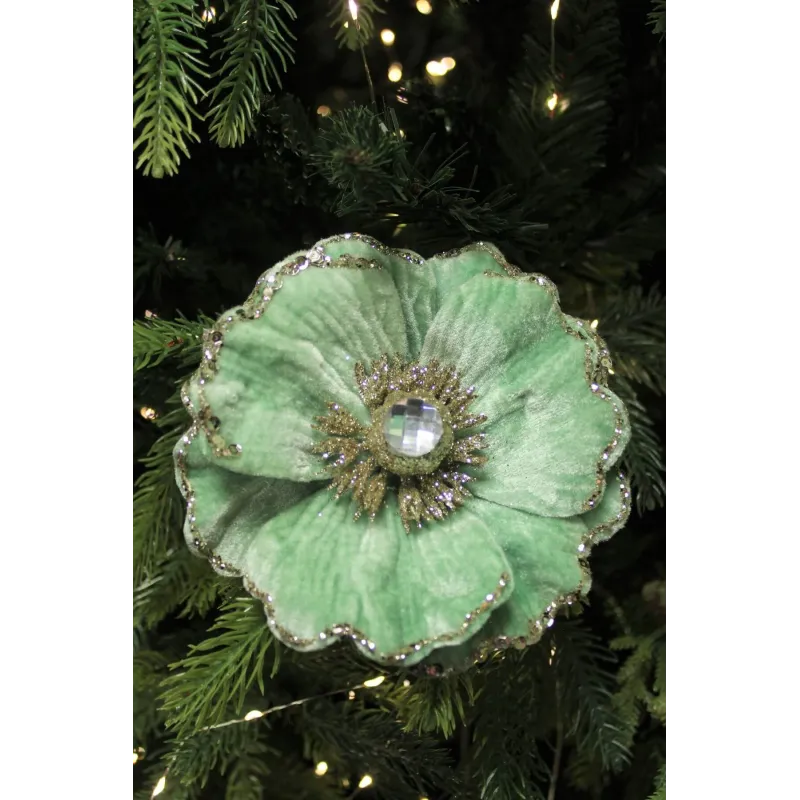 Ukrasni cvijet na kopči MAGNOLIA 140 mm / Zelena baršunasta