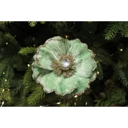 Ukrasni cvijet na kopči MAGNOLIA 140 mm / Zelena baršunasta