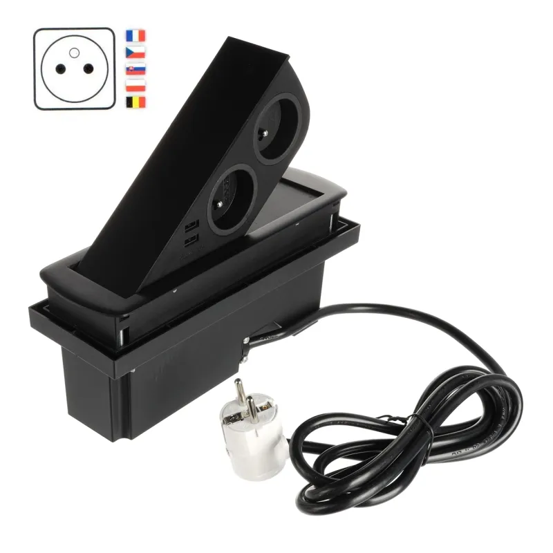 Iskočna električna utičnica CIZO 2x230 + 2xUSB - FRENCH / Crna