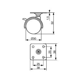 Namještajni točak s kočnicom i pločicom / 30 mm / Crna