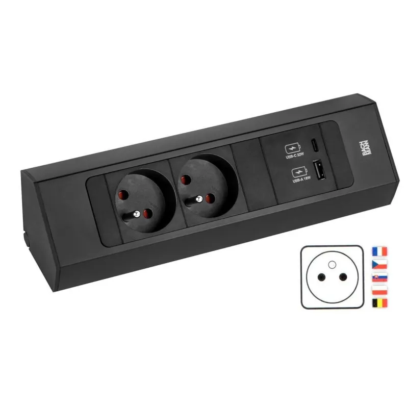 Unutarnja priključna letva Bachmann Casia 2 FRENCH 2x 230V + USB A-C / Crna mat