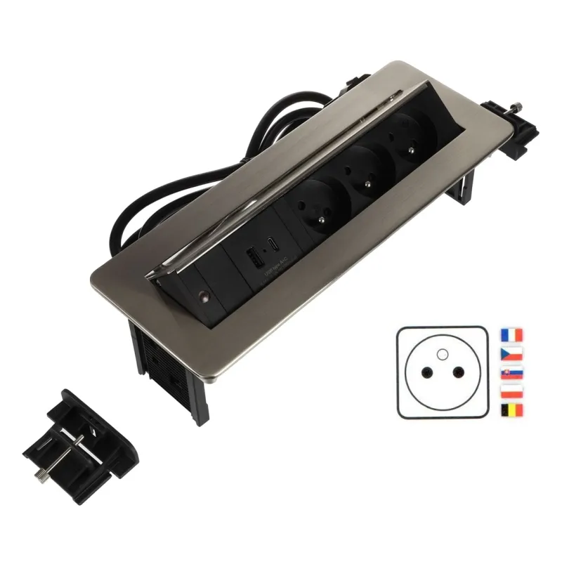 Izlazna električna utičnica LUNAR FRENCH 3x230V + USB punjenje A-C / Nehrđajući čelik