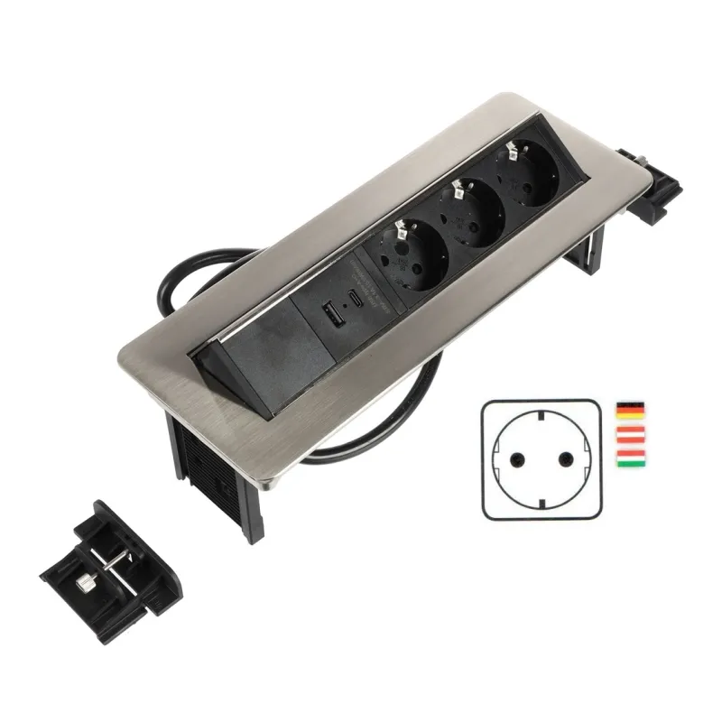 Izvlačna električna utičnica LUNAR SCHUKO 3x230V + USB punjenje A-C / Nehrđajući čelik