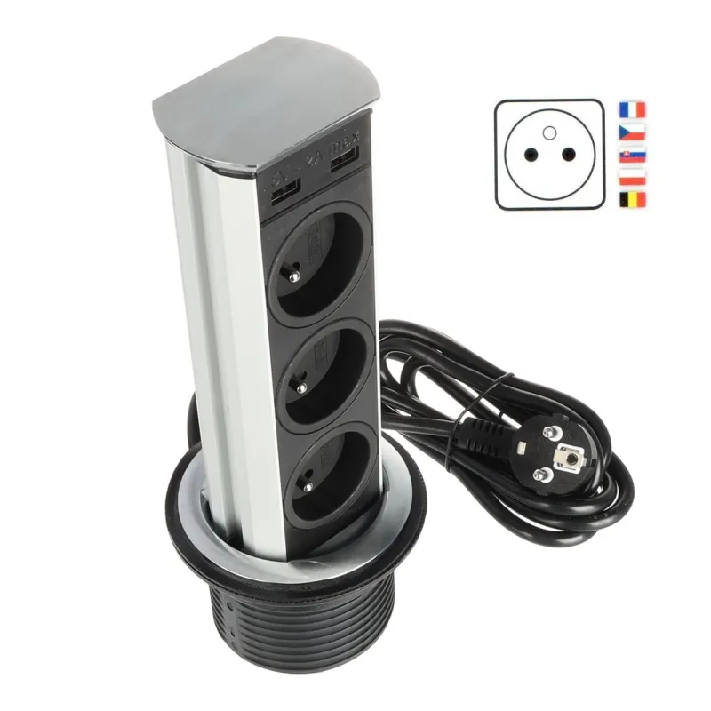 Izvlačiva utičnica BRICK FRENCH 3x230V + USB A / Nehrđajući čelik