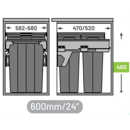 Izvlačni koš za otpad LIGNANO 600mm - 2 x 13 + 1 x 28L / Antracit