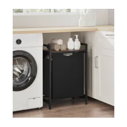 Košara za rublje METALO UNO / Crna + smeđe drvo