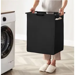 Košara za rublje METALO UNO / Crna + smeđe drvo