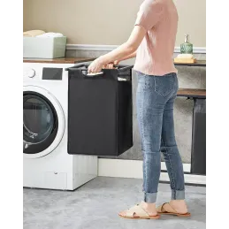 Košara za rublje METALO DUO / Crna + smeđe drvo