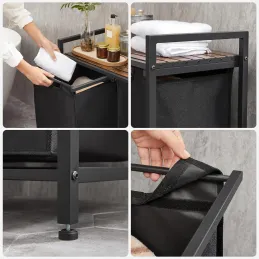 Košara za rublje METALO DUO / Crna + smeđe drvo