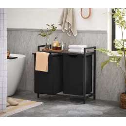 Košara za rublje METALO DUO / Crna + smeđe drvo