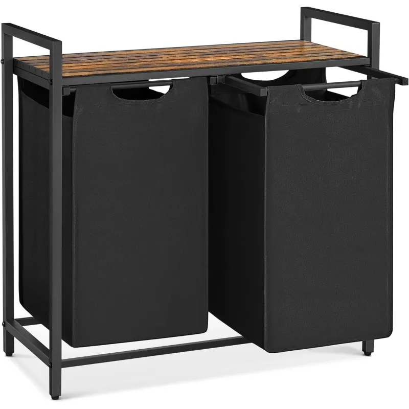 Košara za rublje METALO DUO / Crna + smeđe drvo