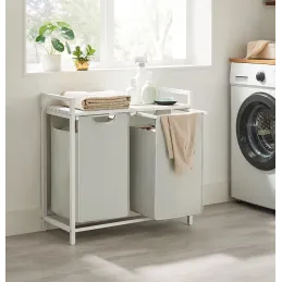 Košara za rublje METALO DUO / Bijela + bijelo drvo