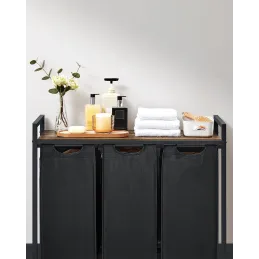 Košara za rublje METALO TRIO / Crna + smeđe drvo