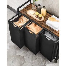 Košara za rublje METALO TRIO / Crna + smeđe drvo