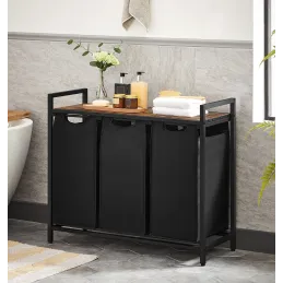 Košara za rublje METALO TRIO / Crna + smeđe drvo