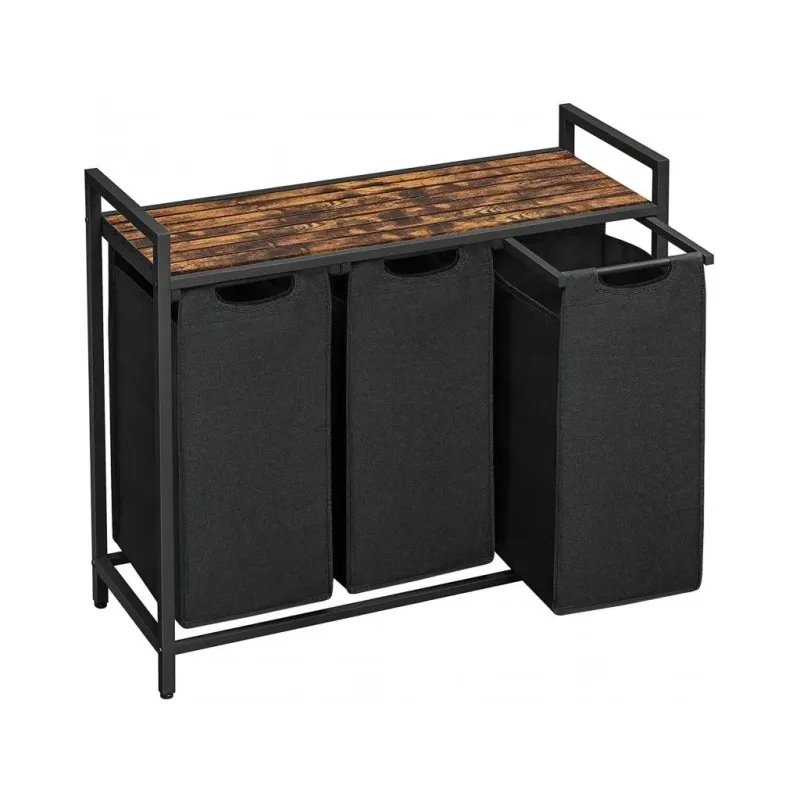 Košara za rublje METALO TRIO / Crna + smeđe drvo