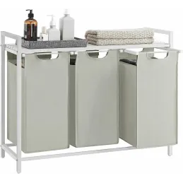 Košara za rublje METALO TRIO / Bijela + bijelo drvo