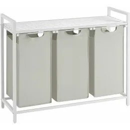 Košara za rublje METALO TRIO / Bijela + bijelo drvo