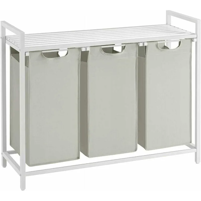 Košara za rublje METALO TRIO / Bijela + bijelo drvo