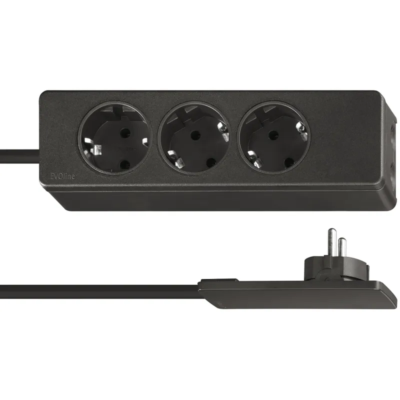 Produžni utikač 3x 230 V s ravnim SLIM SCHUKO priključkom / Crna mat