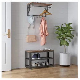 Ormarić za cipele s tabureom VIANO 730 / Crna mat - vintage drvo