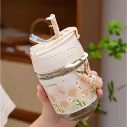 Staklena boca za piće sa slamkom FLOWER 350 ml