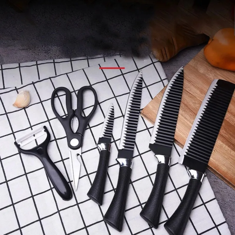 Set od 6 kuhinjskih noževa s kuhinjskim škarama i guljačem LEATHER / Crna