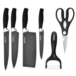 Set od 6 kuhinjskih noževa s kuhinjskim škarama i guljačem CARBON / Crna
