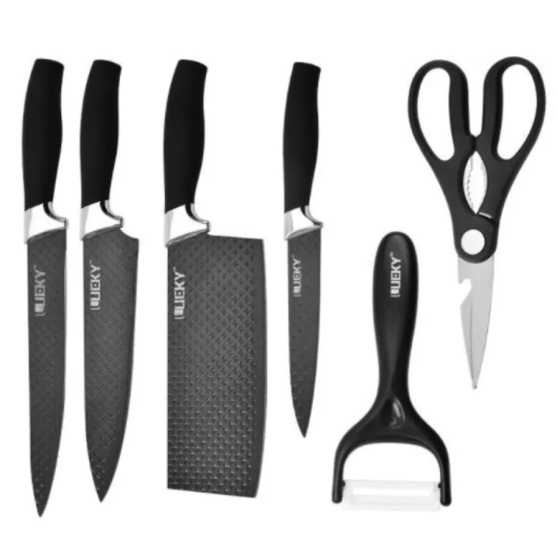 Set od 6 kuhinjskih noževa s kuhinjskim škarama i guljačem CARBON / Crna