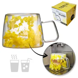 Termo šalica za napitke s cvjetnim uzorkom FLOWER GLASS 180 ml / Žuta