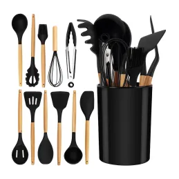 Set od 11 komada kuhinjskog pribora / Crna - prirodno drvo