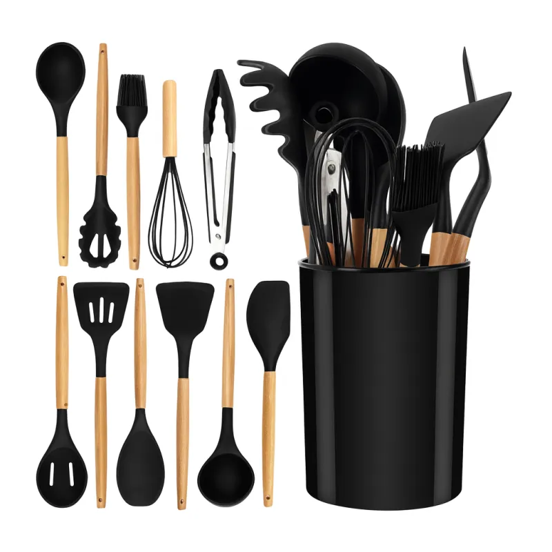 Set od 11 komada kuhinjskog pribora / Crna - prirodno drvo