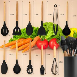 Set od 11 komada kuhinjskog pribora / Crna - prirodno drvo