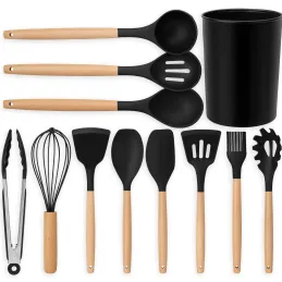 Set od 11 komada kuhinjskog pribora / Crna - prirodno drvo
