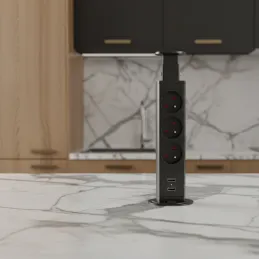 Izvlačna električna utičnica 3x230V + 2x USB punjenje / Crna