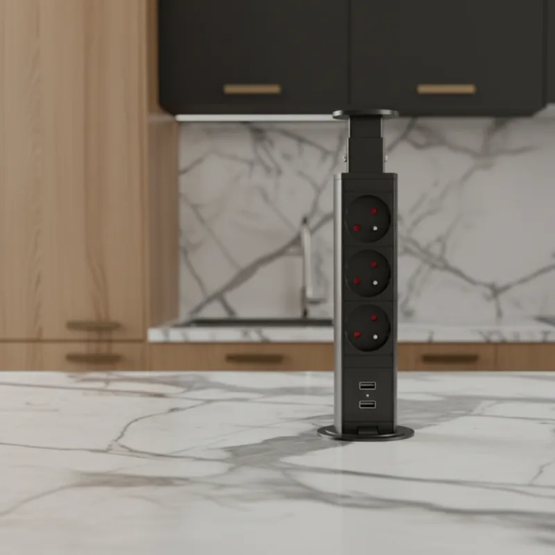 Izvlačna električna utičnica 3x230V + 2x USB punjenje / Crna