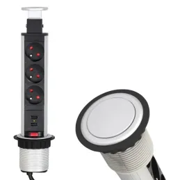 Izvlačna električna utičnica 3x230V + 2x USB punjenje / Aluminij